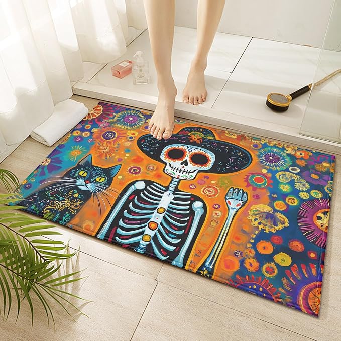 Sugar Skull Cat Bath Mat Non-Slip Halloween Bathroom Rugs Mats Washable Door Mat Quick Dry Doormat for Entrance Indoor Outdoor Laundry, 17x30 Inch - skull toilet mat