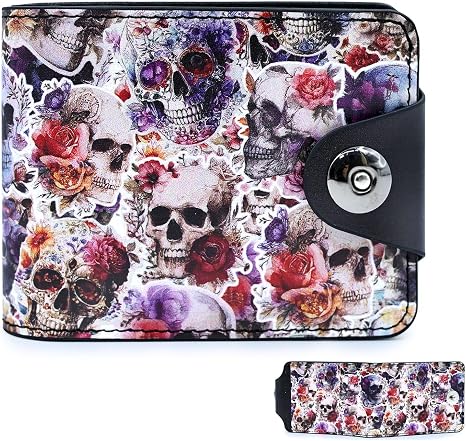 Halloween Skull Small Wallet Leather Slim Bifold Credit Wallets RFID Blocking Card Holder Zipper Coin Pocket Cash Purse with ID Window