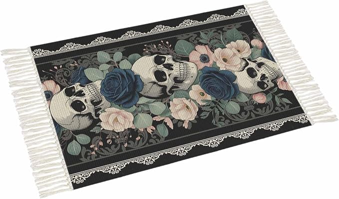 Halloween Bathroom Rug 2' x 3', Boho Horror Skull Flower Leaf Black Low Profile Front Entryway Rug with Tassels, Woven Cotton Washable Kitchen Mat Carpet for Foyer Bedroom Back Door Decor - skull carpet