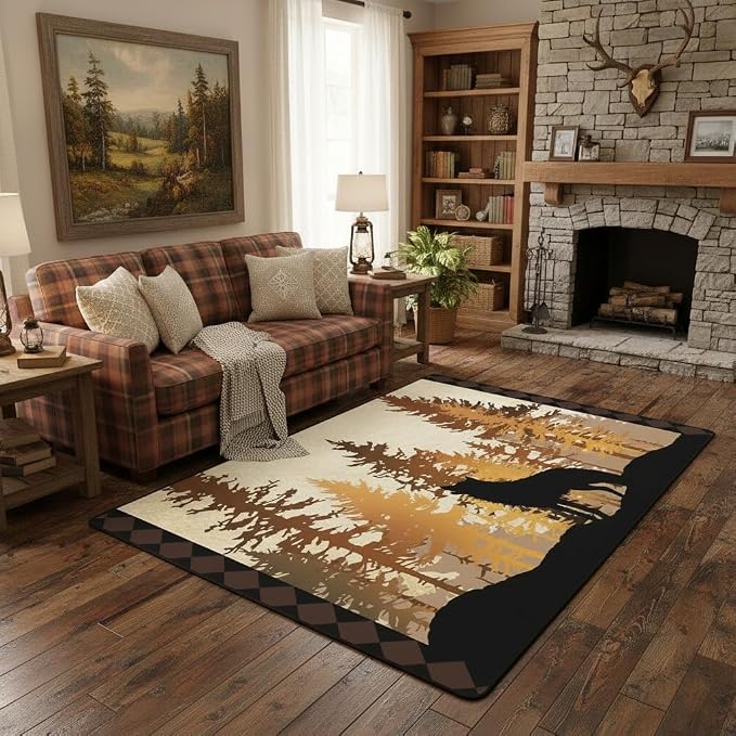 Erosebridal Rustic Cabin Area Rug 5x7 Woodland Wildlife Wolf Rug for Bedroom Living Room Farmhouse Country Lodge Carpet Decor Western Country Hunting Theme Indoor Floor Mat Non Slip - skull carpet