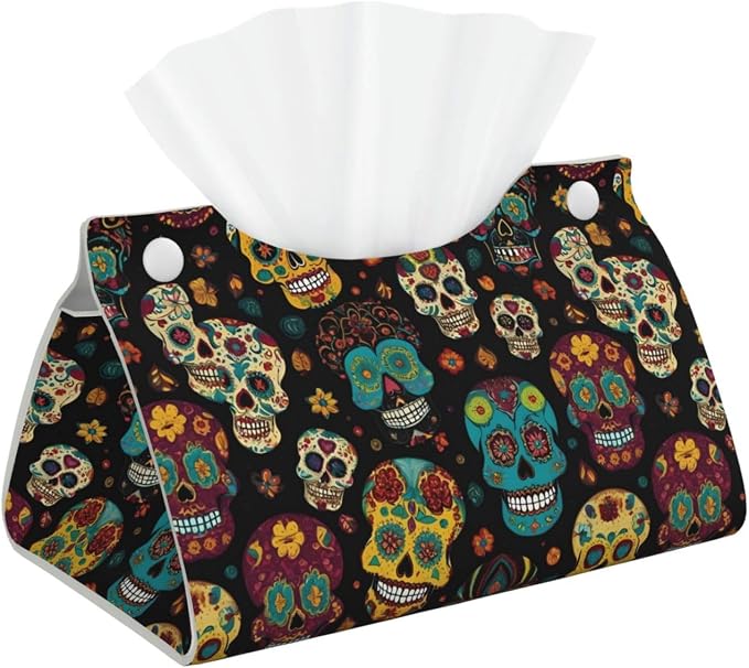 Sugar and Skulls Print Long PVC Leather Tissue Box Cover, Decorative Container for Home/Office/Car - skull toilet paper