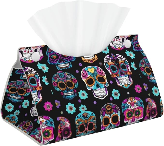 Sugar Skull Print Long PVC Leather Tissue Box Cover, Decorative Container for Home/Office/Car - skull toilet paper
