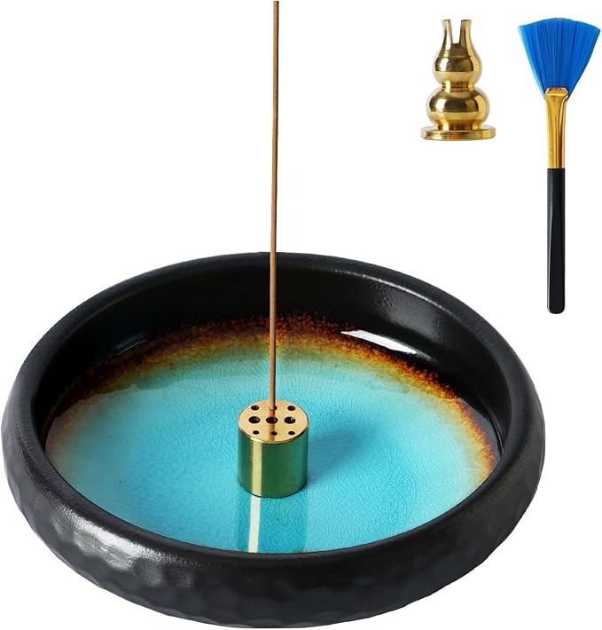 6 Inch Japanese Incense Holder Stick,Ceramic Handmade Crack Blue Glaze - skull incense burner