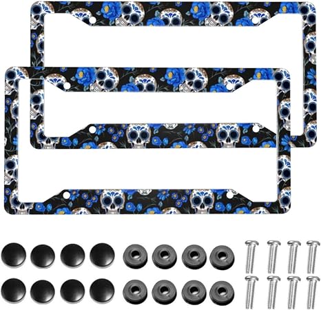 【2pcs】 Sugar Skulls Blue Flowers License Plate Frame Aluminum License Plate Holder Funny License Plate Decorative with Screws Size 12.3" X 6.3" Men Women - skull plate