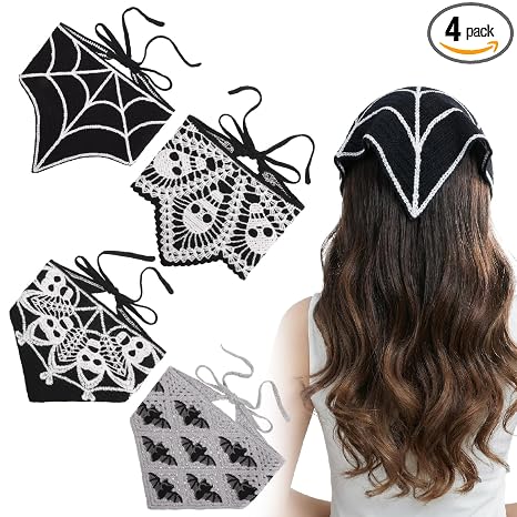 JATEBI 4 Pcs Skull Headbands Bat Crochet Spiderweb Gothic Head Scarf - skull headband