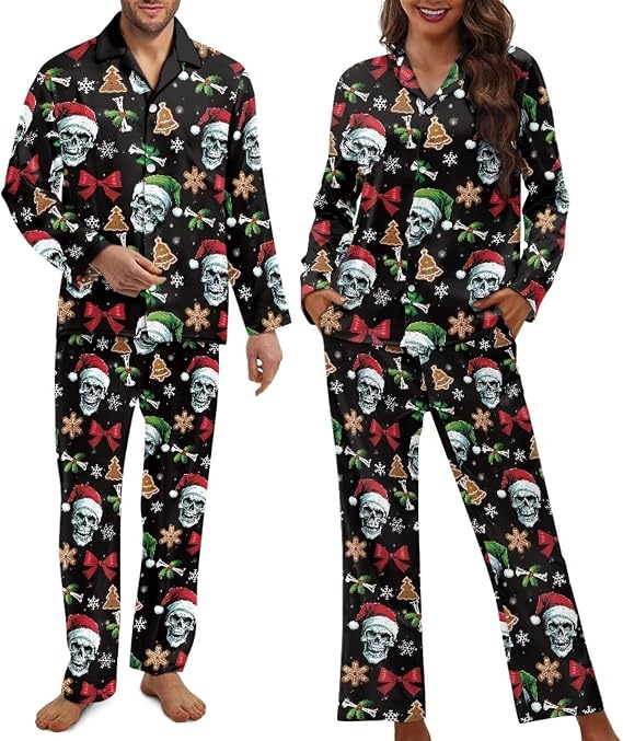 Matching Pajamas for Couple Soft Funny Front Button long Sleeve Pajamas - skull pajamas
