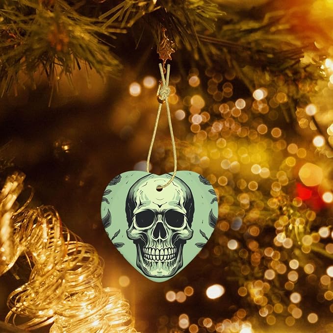 Christmas Heart Shaped Ornaments 1 Pcs, Double-Side Ceramic Xmas Tree Hanging Ornament with Gold String Skull On Light Green Background Personalized Porcelain 2025 Christmas Pendent - string light
