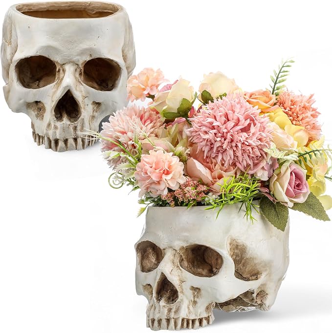 2 Pack Halloween Skull Planter, Antique White, Classic - skull ashtray