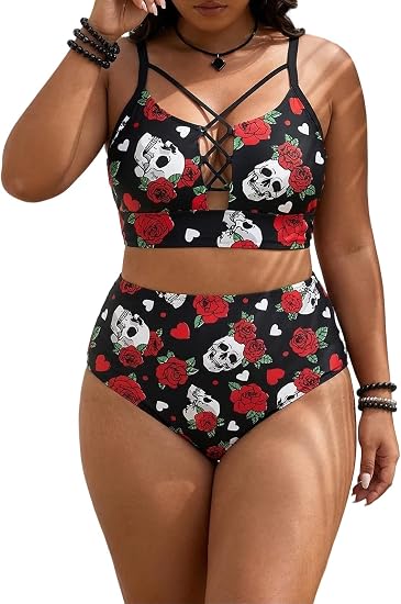 Rosegal Women Plus Size Goth Two Piece Bikini Swimsuit Sets Gothic Skulls Rose Printed Strappy Swimwear - skull swimsuit