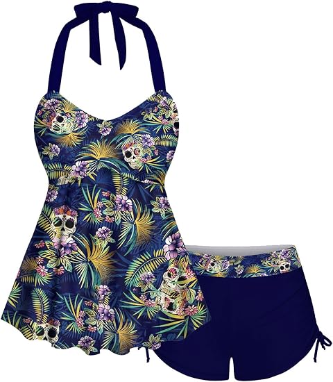 Rosegal Women Plus Size Goth Two Piece Tankini Set Skull Rose Flower Halter Swimsuits - skull swimsuit