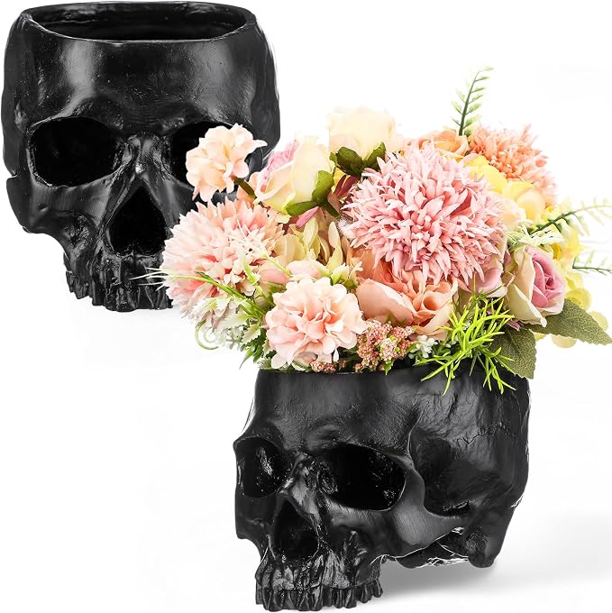 2 Pack Halloween Skull Planter, Dark Style,Black - skull candle