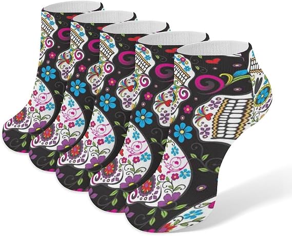 Flower Sugar Skull Socks,5 Pairs Casual Short Socks Non Slip Breathable Ankle Sockss for Men Women Gifts - sugar skull costume