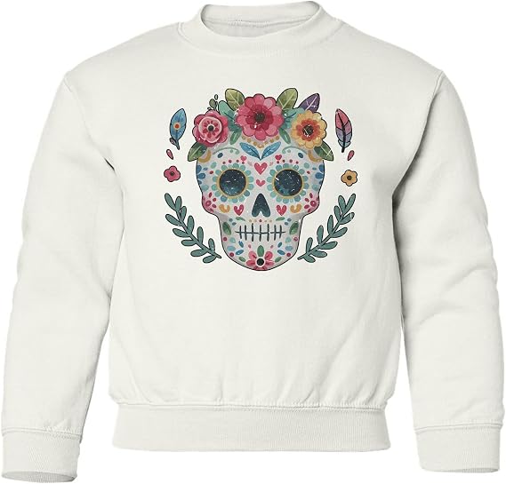 Floral Sugar Skull - Dia De Los Muertos Colorful Youth Crewneck Sweatshirt - skull sweatshirts