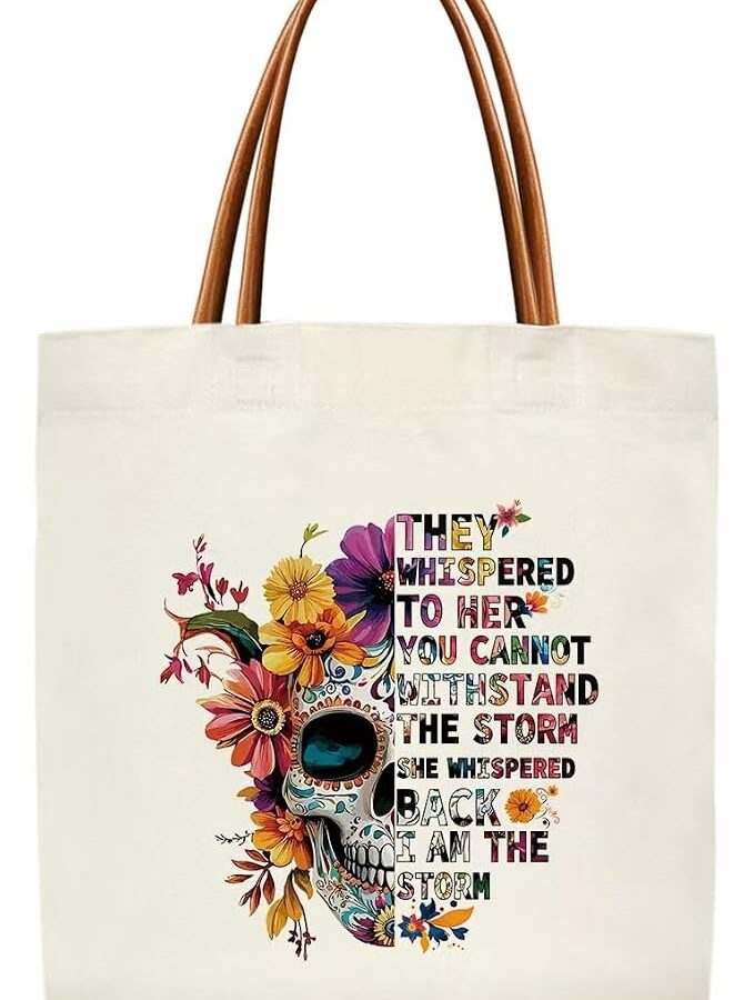 Mexican Sugar Skull Canvas Tote Bag for Women, Dia De Los Muertos Aesthetics Tote Bag, I Am The Storm, Sugar Skull Gifts for Women Reusable Inspirational Gifts Beach Bags -05 - sugar skull handbags for sale