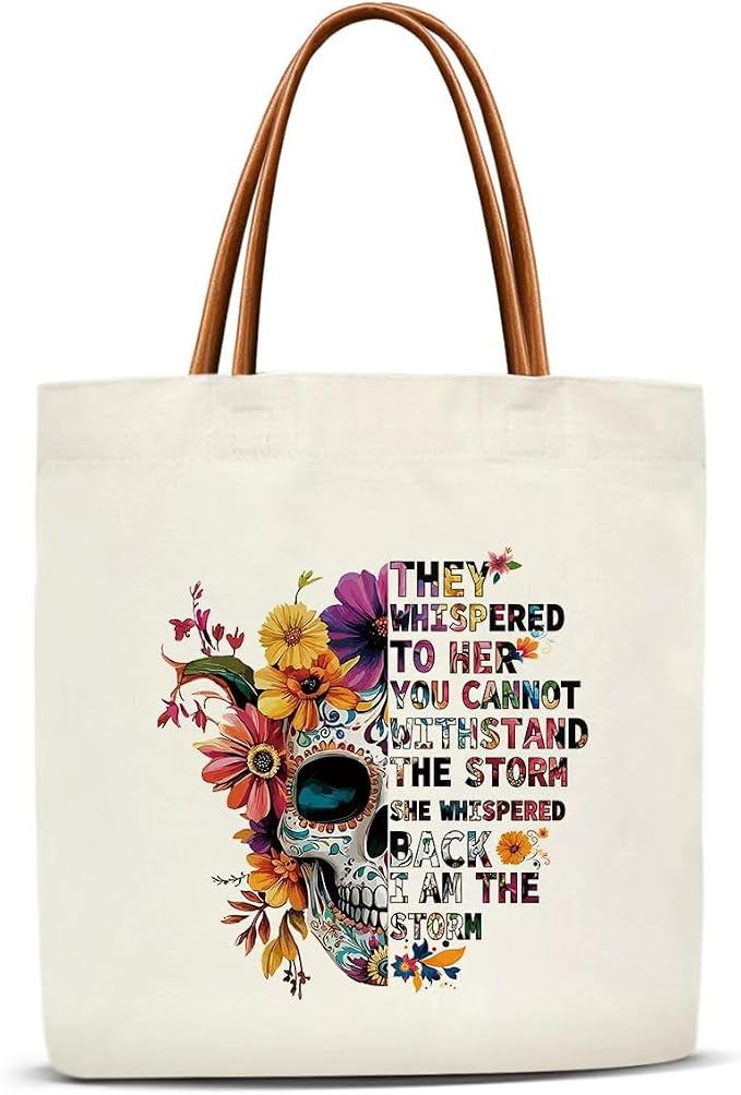 Mexican Sugar Skull Canvas Tote Bag for Women, Dia De Los Muertos Aesthetics Tote Bag, I Am The Storm, Sugar Skull Gifts for Women Reusable Inspirational Gifts Beach Bags -05