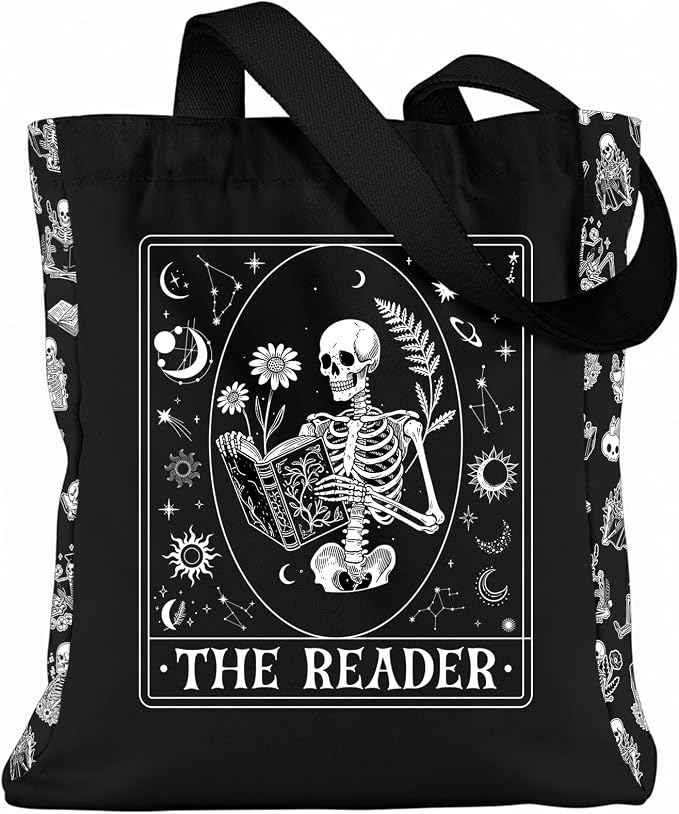 Goth Canvas Tote Bag - Reusable Skull Reading Totes - sugar skull handbags for sale
