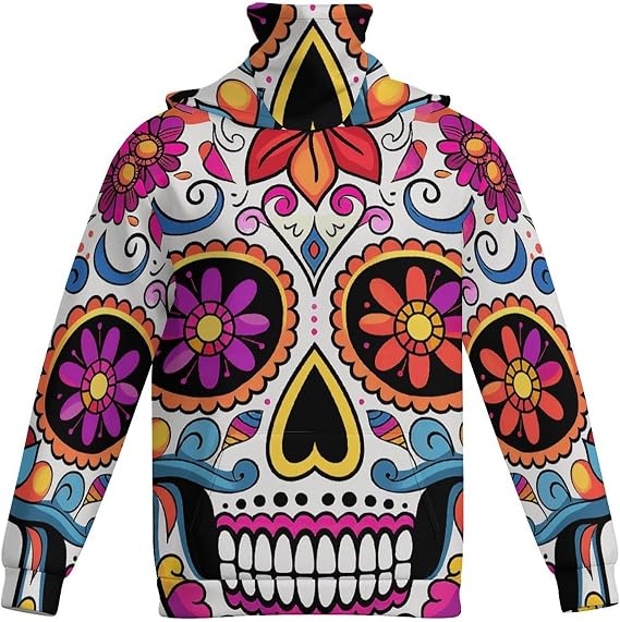 Sugar Skull Mens Hoodies Pullover Neck Gaiter Novelty Long Sleeve Hooded Sweatshirts with Pockets Style - skull sweatshirts