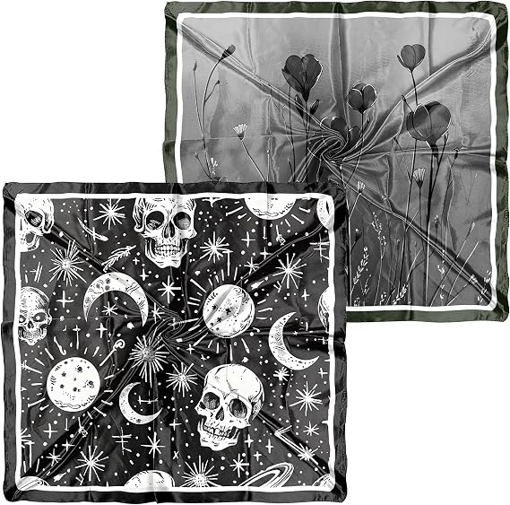 2PCS Silk Feeling Scarf 27.5 Inches Satin Large Square Head Hair Wrap Scarves Bandanas Cute Aesthetic for Women Girls - sugar skull handbags for sale