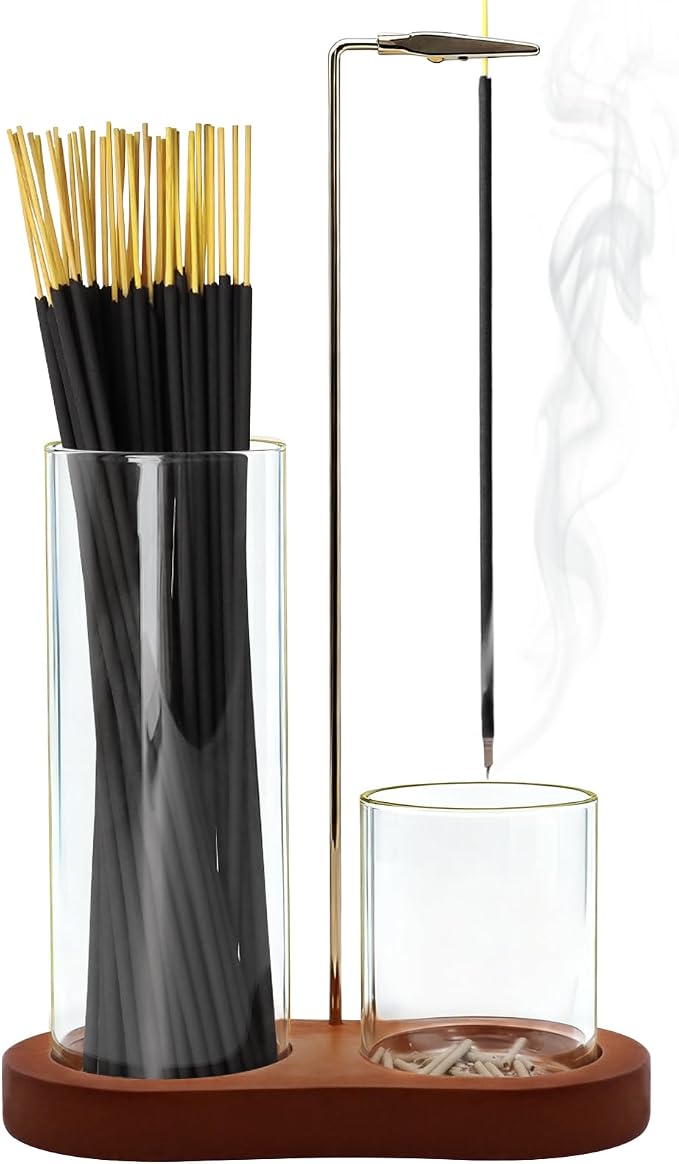 Incense Holder, 2 in 1 Incense Sticks Burner with Glass Ash Catcher & Stick Storage, Meditation Yoga Spa Gifts for Women, House Warming Gifts New Home Wooden Aesthetic Room Decor, Rustic Brown - skull incense burner