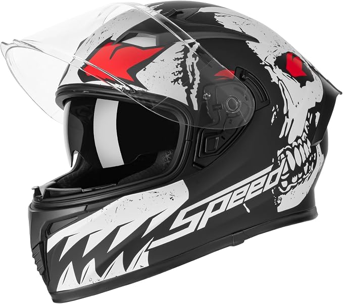 CUTEY Full Face Motorcycle Helmet Lightweight Dual Visor DOT Approved - skull helmet