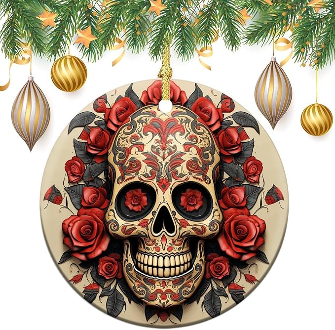 Ceramic Christmas Ornament 2.8 Inch Round, Red Rose Sugar Skull Decorative Hanging Ornaments with Gold String for Xmas Tree Fireplace Mantel Wreath, Farmhouse Holiday Decoration Gift - skull wreath