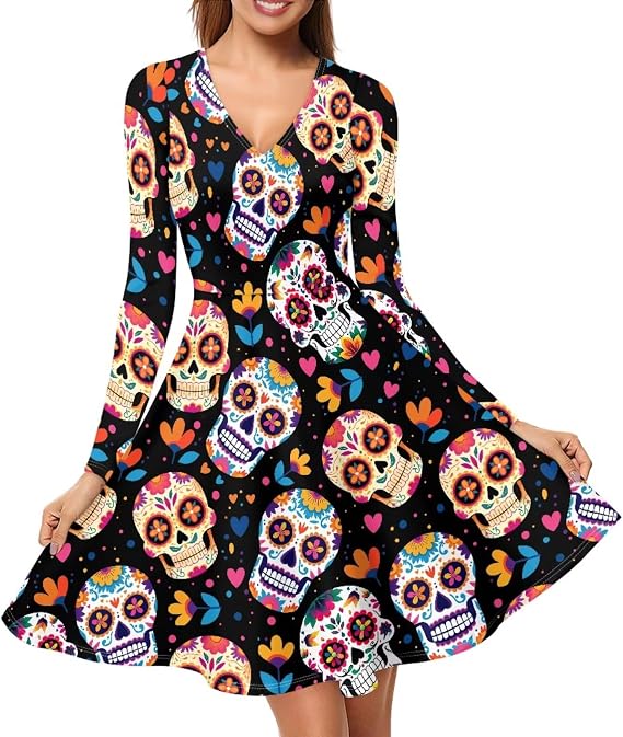 Plus Size Costumes for Women Long Sleeve V Neck A-Line Fall Dresses Fall Dress - sugar skull dress