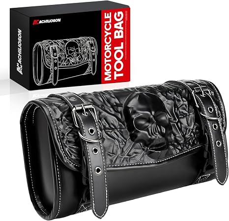 7.14L Motorcycle Saddlebag 3D Skull Embossed PU Leather, Universal Waterproof Black Motorcycle Side Bags Storage Pouch for Most Motorcycles - skull suitcase