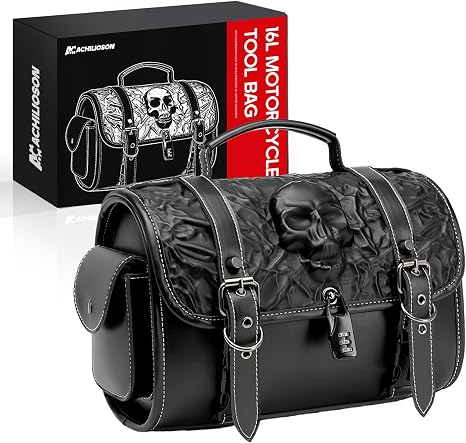 16L Motorcycle Tool Bag with Combination Lock 3D Skull Embossed PU Leather Saddlebag, Universal Waterproof Black Motorcycle Side Bags Storage Pouch for Most Motorcycles - skull suitcase