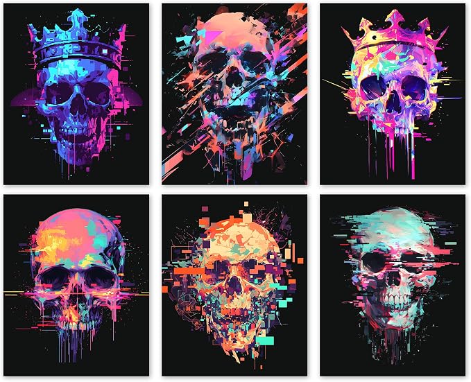 QUDNCR Watercolor Skull Poster Sets, Black Background Skeleton Poster For Home Gallery, Body Anatomy Painting Wall Art Decor, Elegant Gifts For Men Women -A08 - skull wall art