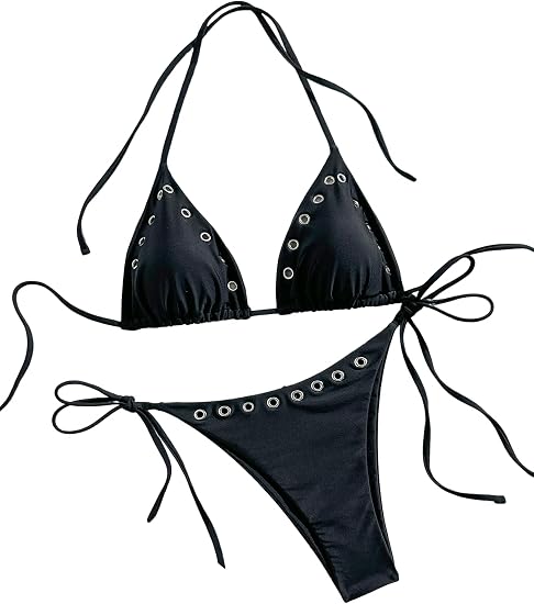 SEGT Women's 2 Piece Y2K Bikini Sets Grommet Eyelet String Thong Bathing Suit High Cut Triangle Micro Sexy Cheeky Swimsuits - skull swimsuit