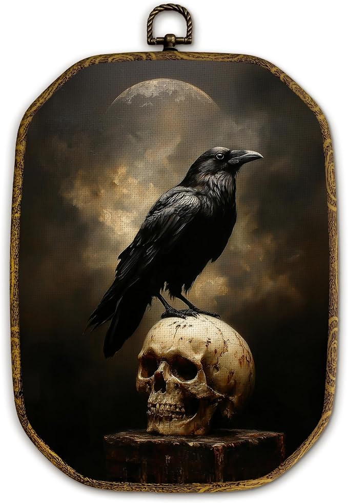 Yjeslw Vintage Gothic Skull Crow Octagon Wall Art Decor, Dark Academia Raven Framed Canvas Prints, Goth Moody Spooky Bird Wall Hanging Decorations for Home Bedroom Living Room Decor, 10.2×7 Inches