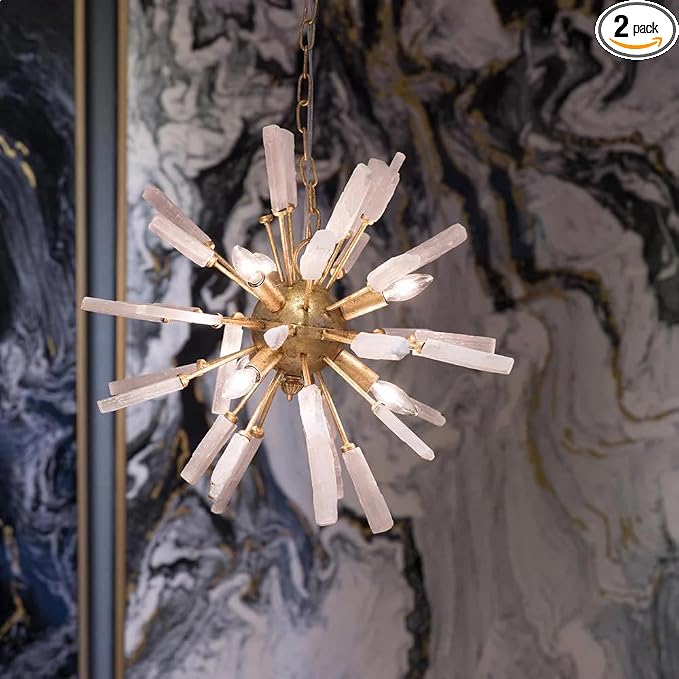 Ebros Gift Pack of 2 Retro Gold Finish Contemporary Modern Style Florrie Chandelier Light Fixture with Rectangular Shaped Translucent White Stones 16″ Diameter
