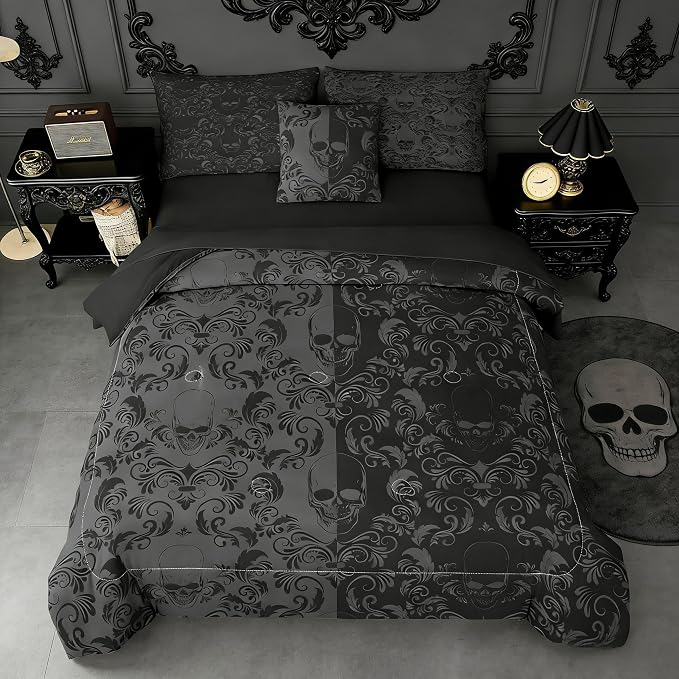 6pc Skull Comforter Set,Queen Size Gothic Bedding Sets for Kids,Gothic Comforter Set with 1 Quilt+1 Flat Sheet+1 Fitted Sheet+2 Pillowcases+1 Cushion Cover(Skulls Queen) - skull bedding