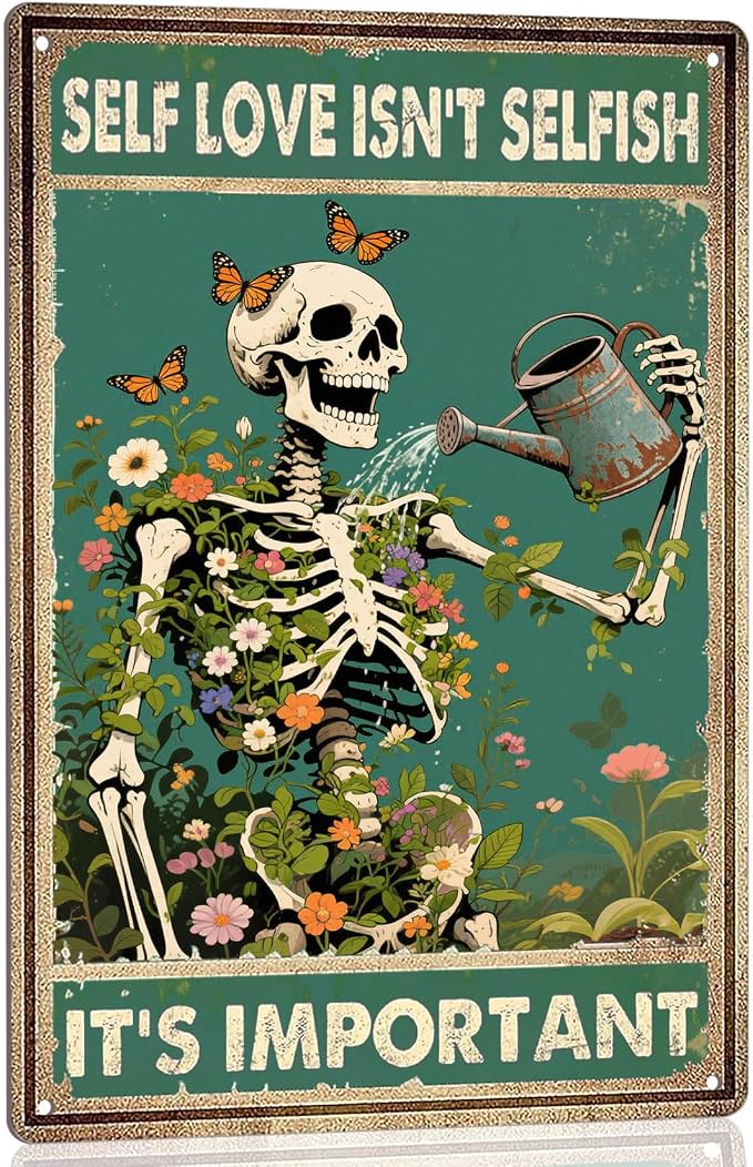 Vintage Skull Decor Metal Signs Mental Health Wall Art Retro Skeleton Posters - Self Love Isn't Selfish It's Important Sign, Decorations for Home, Garden, Bedroom, Living Room Decor Gifts 8x12 Inch - skull wall art
