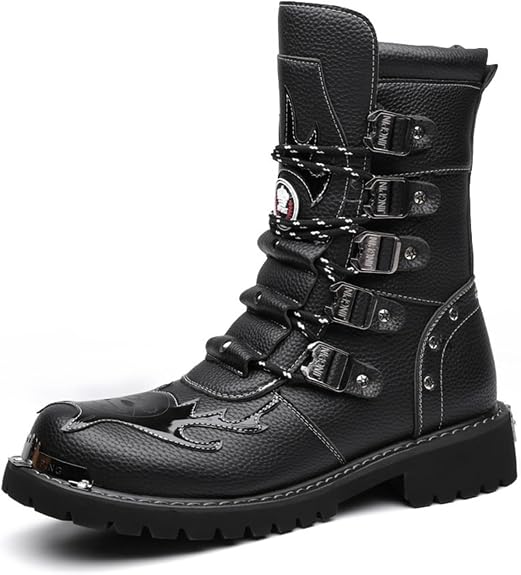 Men S Black Genuine Leather Combat Boots Gothic Skull Style Punk Style Motorcycle Boots Thin Strap High Top Combat Boots Suitable For Cycling Parties And Outdoor Activities - sugar skull boots