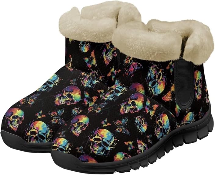 Women Mens Warm Fur Lined Winter Snow Boots Ankle Boots Outdoor Booties Comfortable Shoes - sugar skull boots
