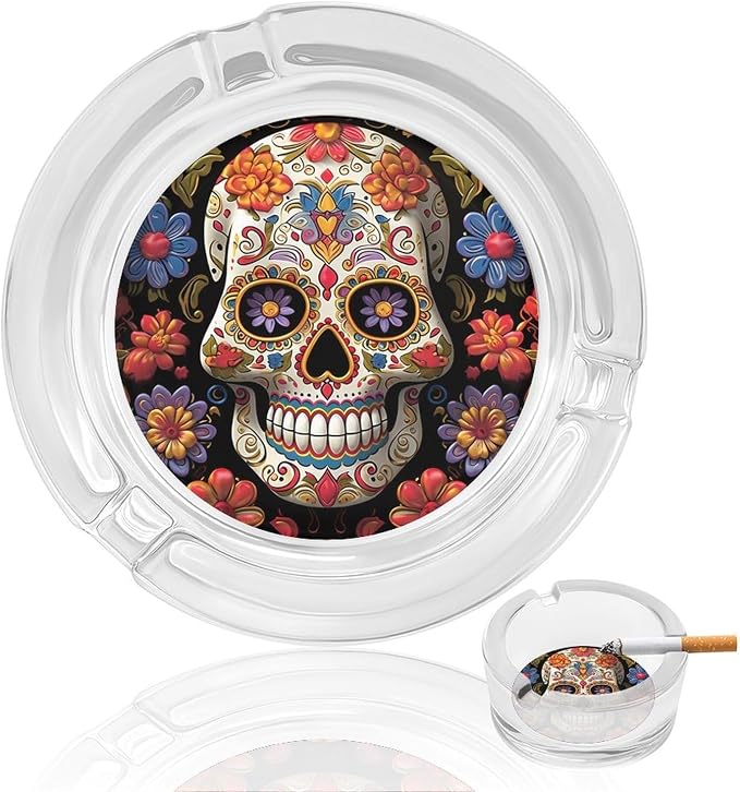 Glass Ashtray for Cigarette Ash Holder for Smokers Sugar Skulls Round Decorative Ash Tray for Office Indoor Outdoor Patio - skull ashtray