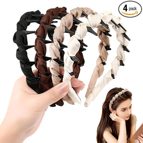 Auseibeely 4 Pcs High Cranium Headbands for Women Girls - Non Slip Zig Zag Headband with Teeth - Retro Plastic Satin Braided Comb Headband Fashion Accessories for High Skull - Ideal Gifts for Women - skull headband