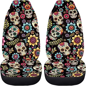 Skull Skeleton Car Seat Covers Set of 2 Pcs Hippie Skull Floral Car Accessories for Women Men Universal Auto Front Seat Protector Stretchy Driver Seat Covers Blanket Travel Pet Rug