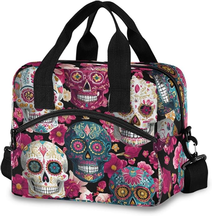 Day Of The Dead Sugar Skull Insulated Lunch Bag for Women Men Reusable Lunch Box Tote Leakproof Cooler Bag with Adjustable Shoulder Strap for Work，Beach, Travel, Camping，Picnic - sugar skull handbags for sale
