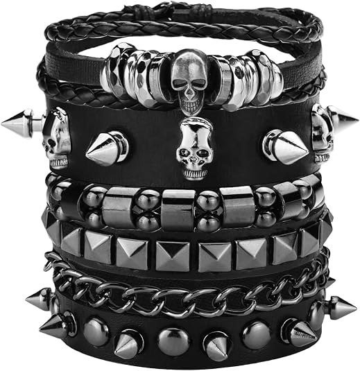 4 Pcs Punk Bracelets for Men Women Leather Studded Cuff Wristband Set Goth Rock Jewelry Accessories for 80s Outfit Emo Rocker Costume