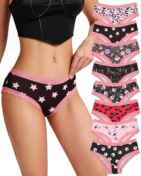 SYVIN Women 8-PACK Gothic Contrast Lace Trims Bikinis, Chic Low Rise Skull Flower Stars Print Comfortable Hipster Panties - skull swimsuit