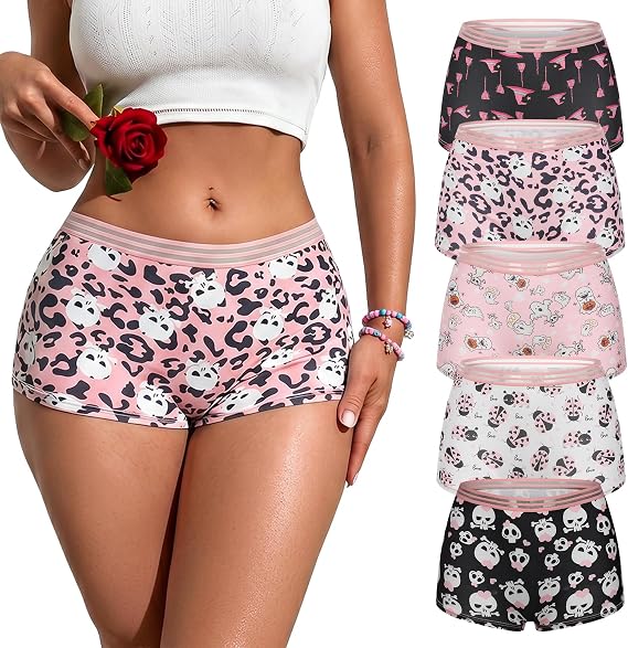 SYVIN Women's 5pcs Spooky Allover Print Gothic Halloween Boyshorts Elastic Waistband Comfortable & Stylish Underwear - skull swimsuit