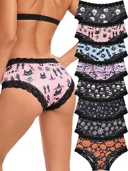 SYVIN Women 8pcs Cute Halloween Allover Skull Print Hipster Panties, Lace Trims Low Rise Bikini Comfortable Underwear - skull swimsuit