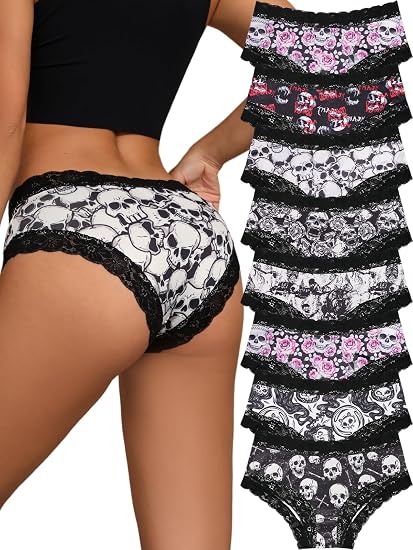 SYVIN Women 8pcs Cute Halloween Allover Skull Print Hipster Panties, Lace Trims Low Rise Bikini Comfortable Underwear - skull swimsuit