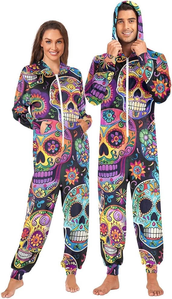 ALAZA Sugar Skulls Day Of Dead Adult Onesie Pajamas Set for Men Women Hooded Costume One-Piece Sleepwear Jumpsuit - sugar skull costume