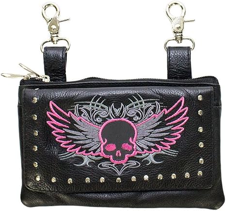 Motorcycle Womens Studed Fanny Waist Hip Leather Bag w/clip Pouch Purse 8.5 X 5.5 (Pink Skull) - sugar skull handbags for sale