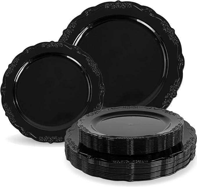 Tinybee 60PCS Black Plastic Plates - Halloween Black Disposable Plates - skull plate