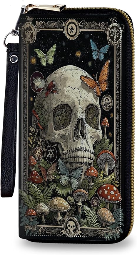 Women's Wallet Leather Credit Card Holder with RFID Blocking Mushroom Skull Butterfly Clutch Travel Purse Large Capacity with Zip and Wristlet - skull wallet