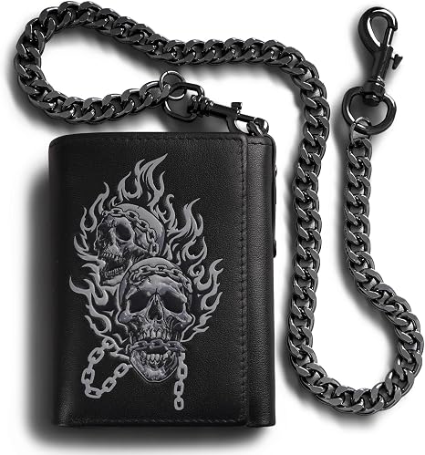 Men's Wallet With Chain Skull Trifold Wallets For Men, Soft Leather Wallet Chains Rfid Blocking Cool Mens Gift Idea (1-black) - skull wallet